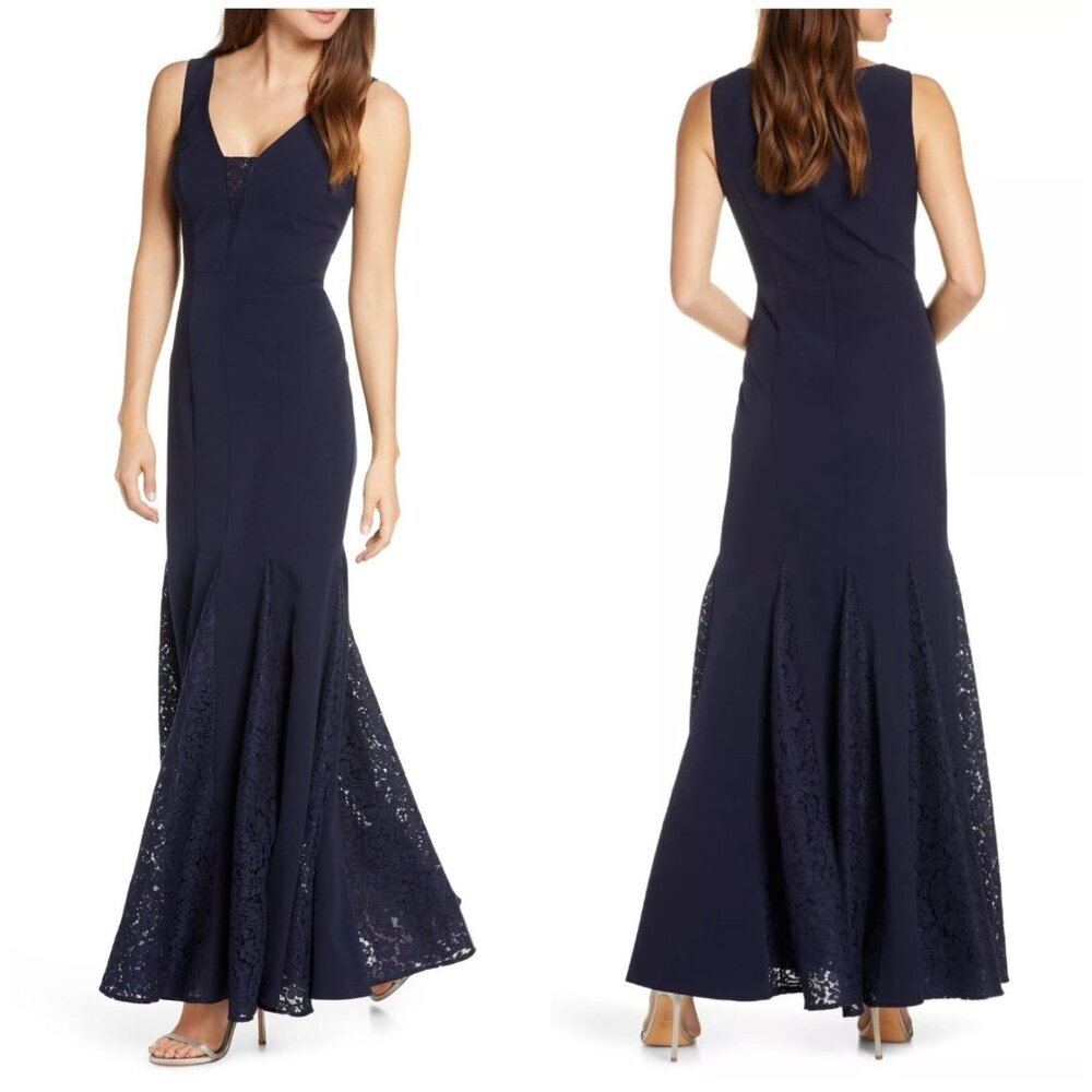 🌟 Eliza J Navy Blue Laguna Lace Inset Trumpet Crepe Gown Size 10 $208